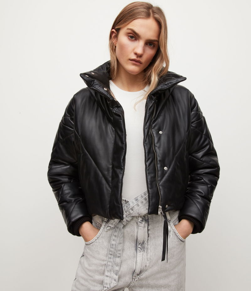 Whistles Cropped Leather Bomber Jacket, Black, 6