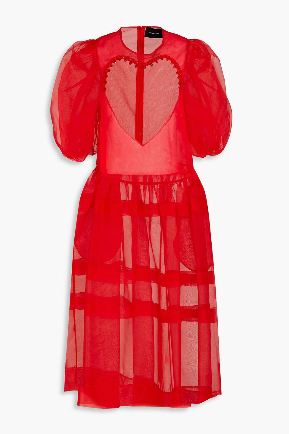 simone rocha puff sleeve red organza dress Simone Rocha Puff-Sleeve Sculpted-Corset Midi Dress in Pink