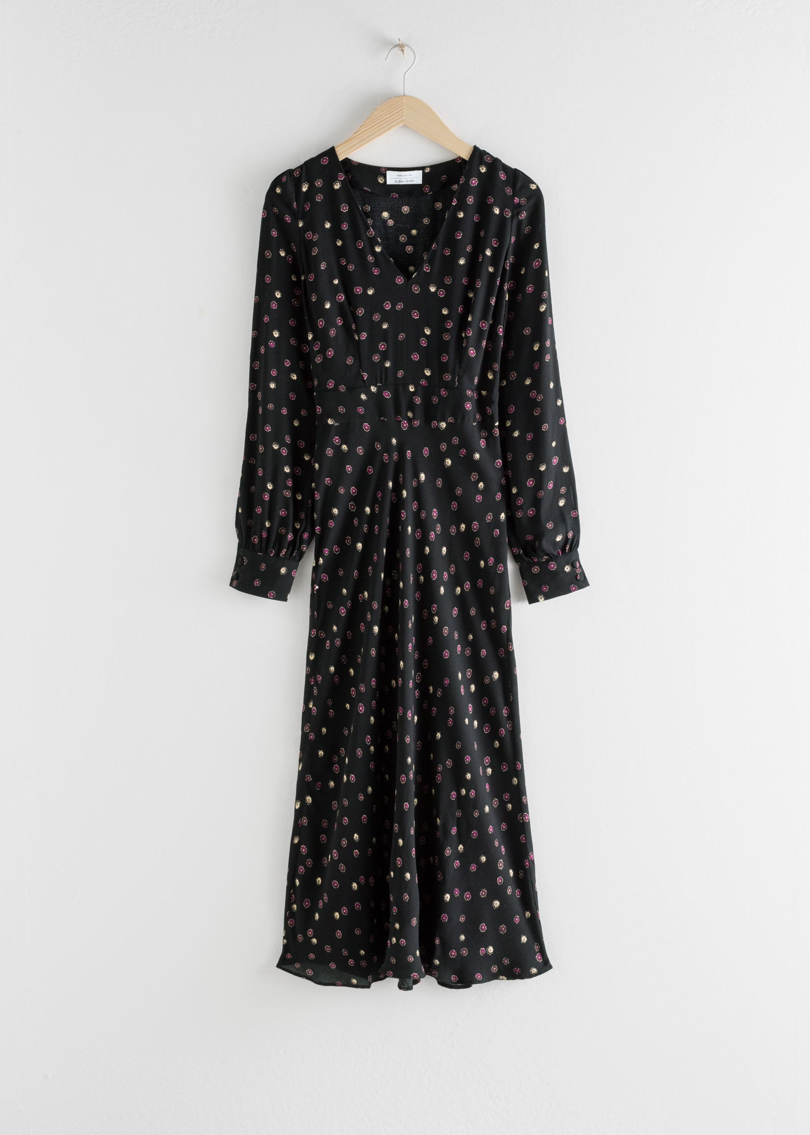 & OTHER STORIES Floral Satin V-Cut Midi Dress in Black Floral | Endource