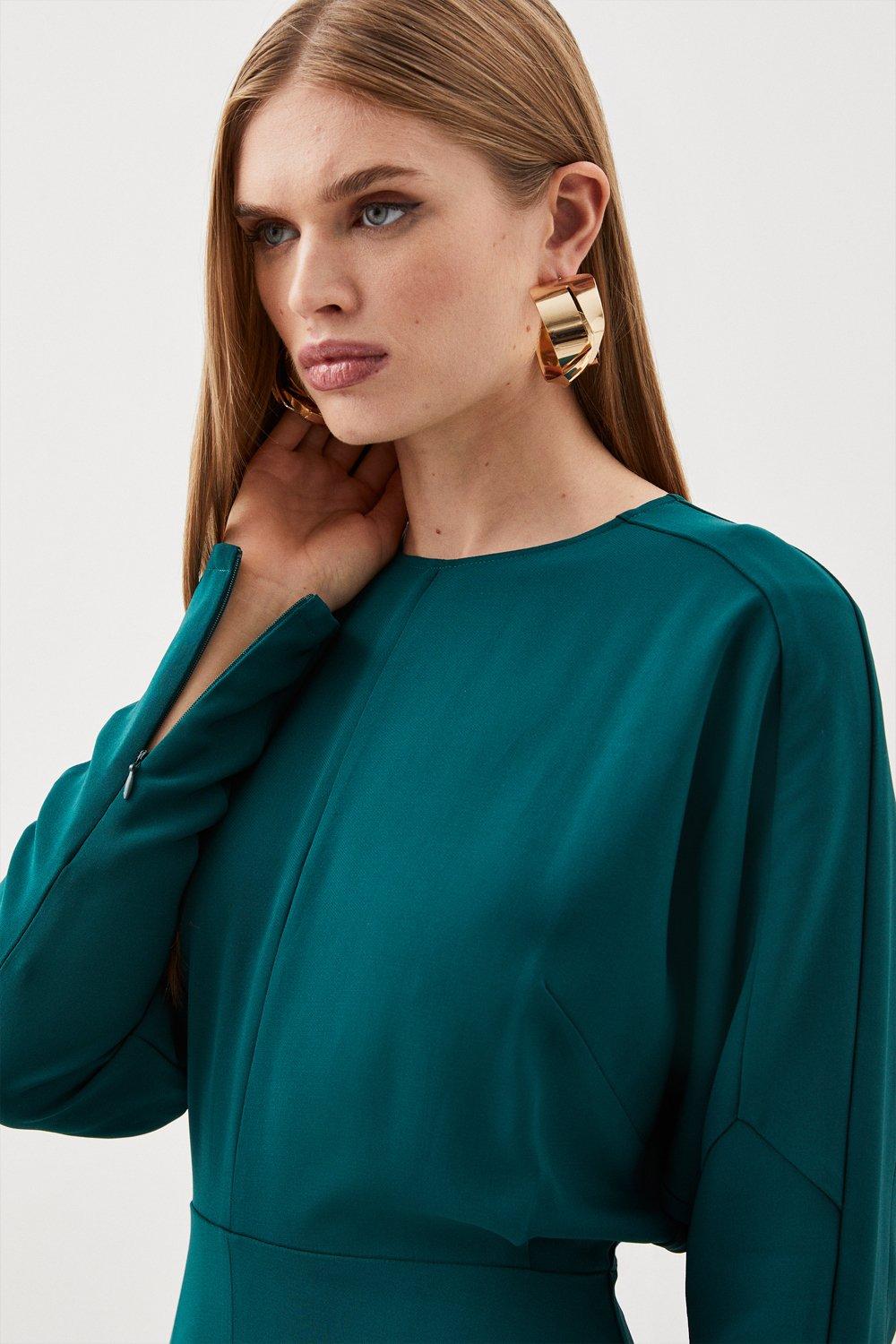 long sleeve plunge neck midi dress Long Sleeve Tuxedo Stretch Midi Dress In Midnight