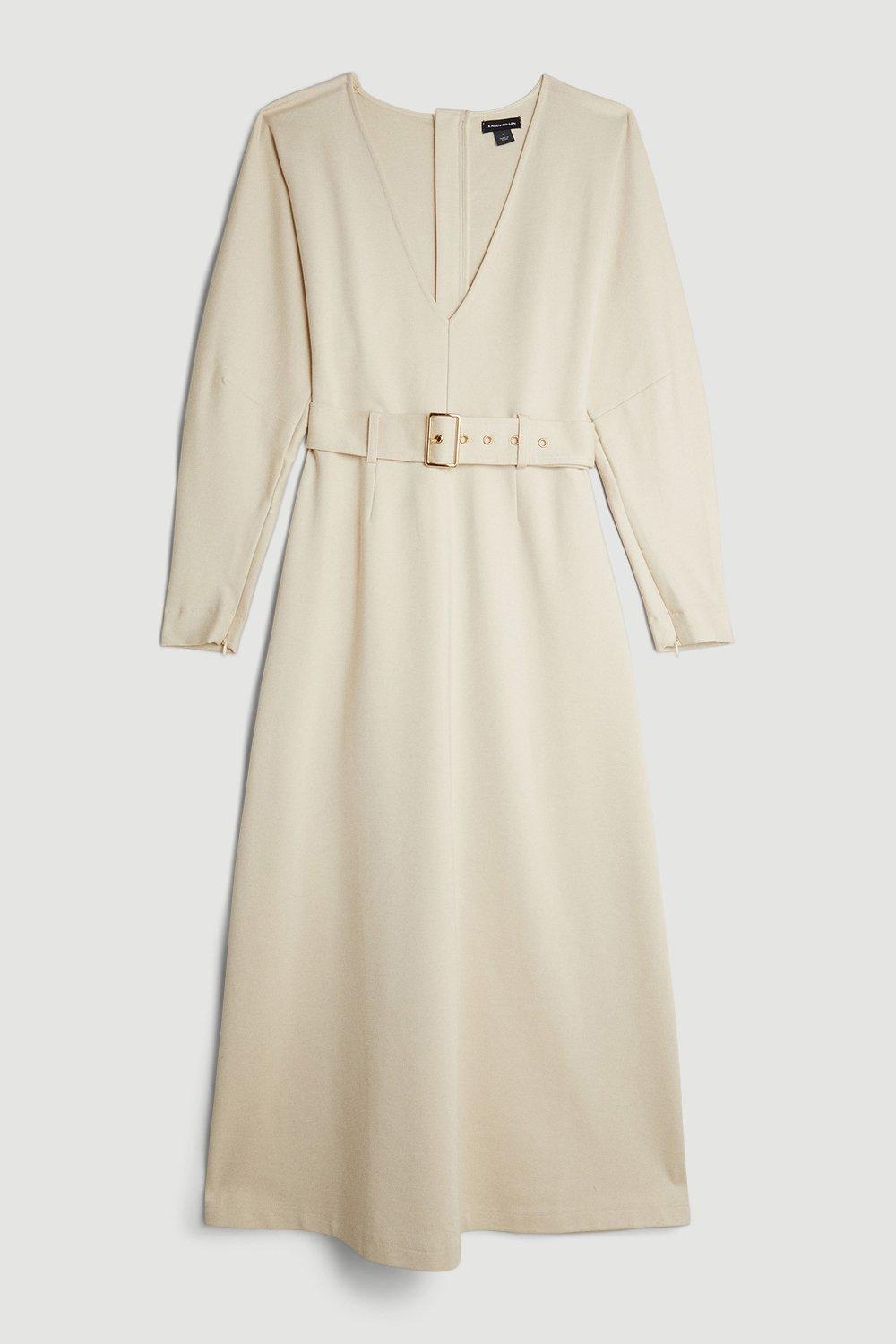 KAREN MILLEN Ponte Belted Midi Dress in Cream | Endource