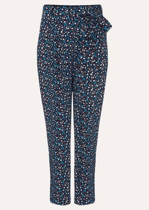 Blue and white floral print trousers with a tie waist.