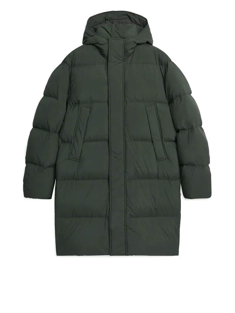 ARKET Long Down Puffer Jacket in Dark Khaki Green | Endource