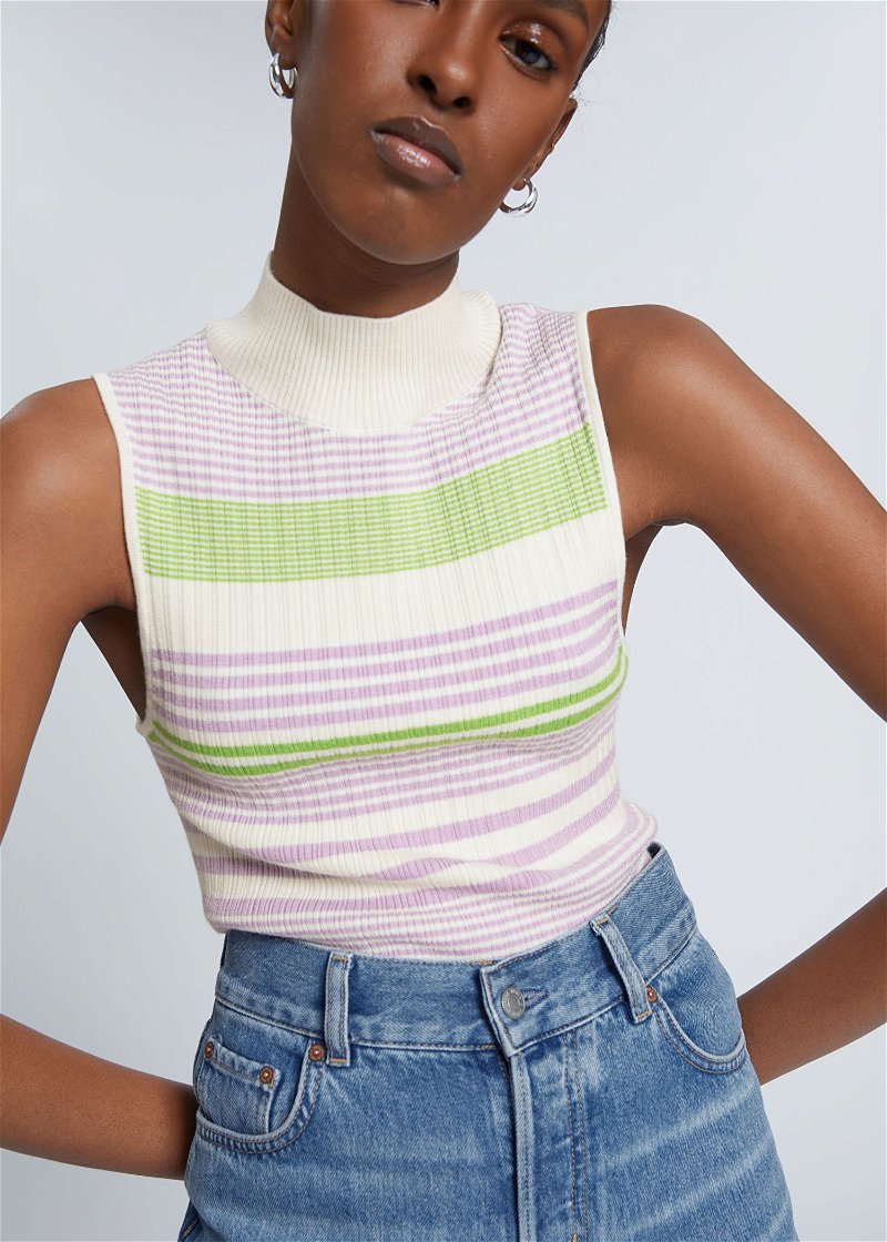  OTHER STORIES Sleeveless Mock Neck Ribbed Top in White Striped