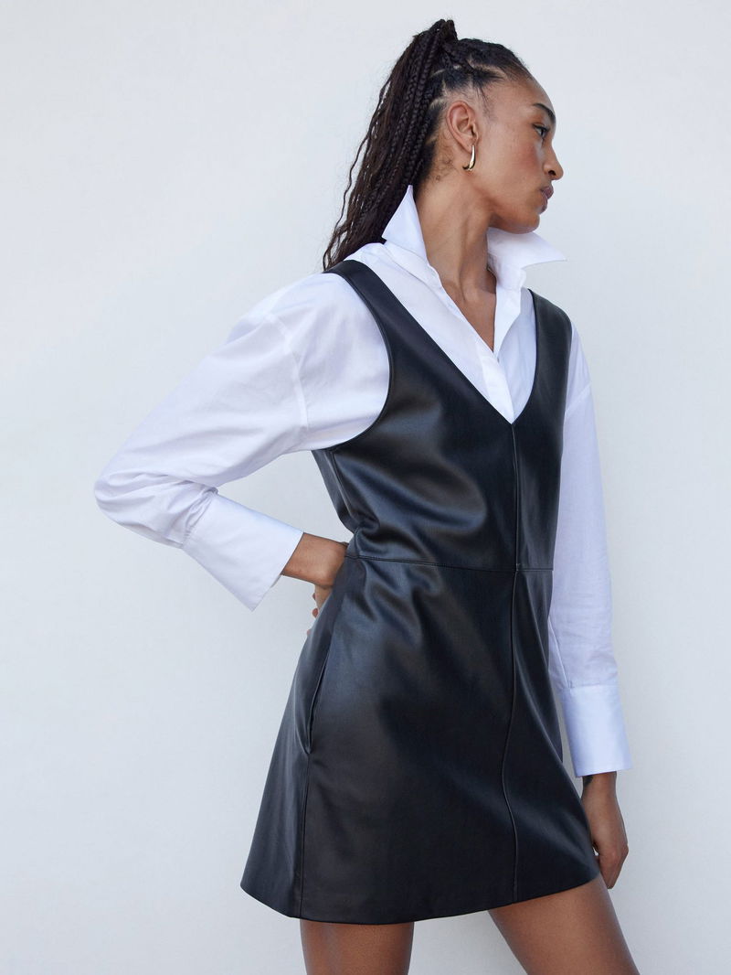 slim fit dress slacks Threadbare Women's Black Faux Leather PU Button Down Ladies' Pinafore Dress main image 1