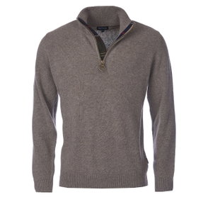 Gray wool quarter-zip sweater with gold barbour logo