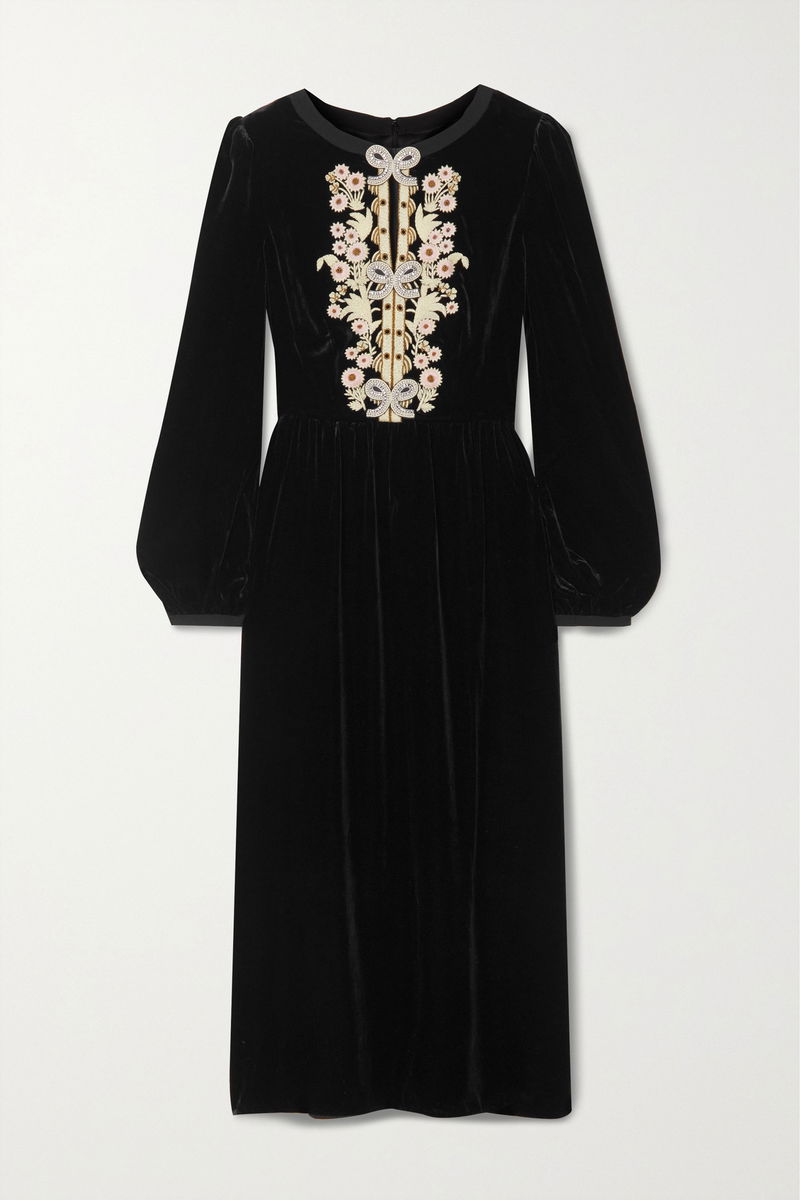 SALONI Camille Embellished Embroidered Velvet Midi Dress | endource