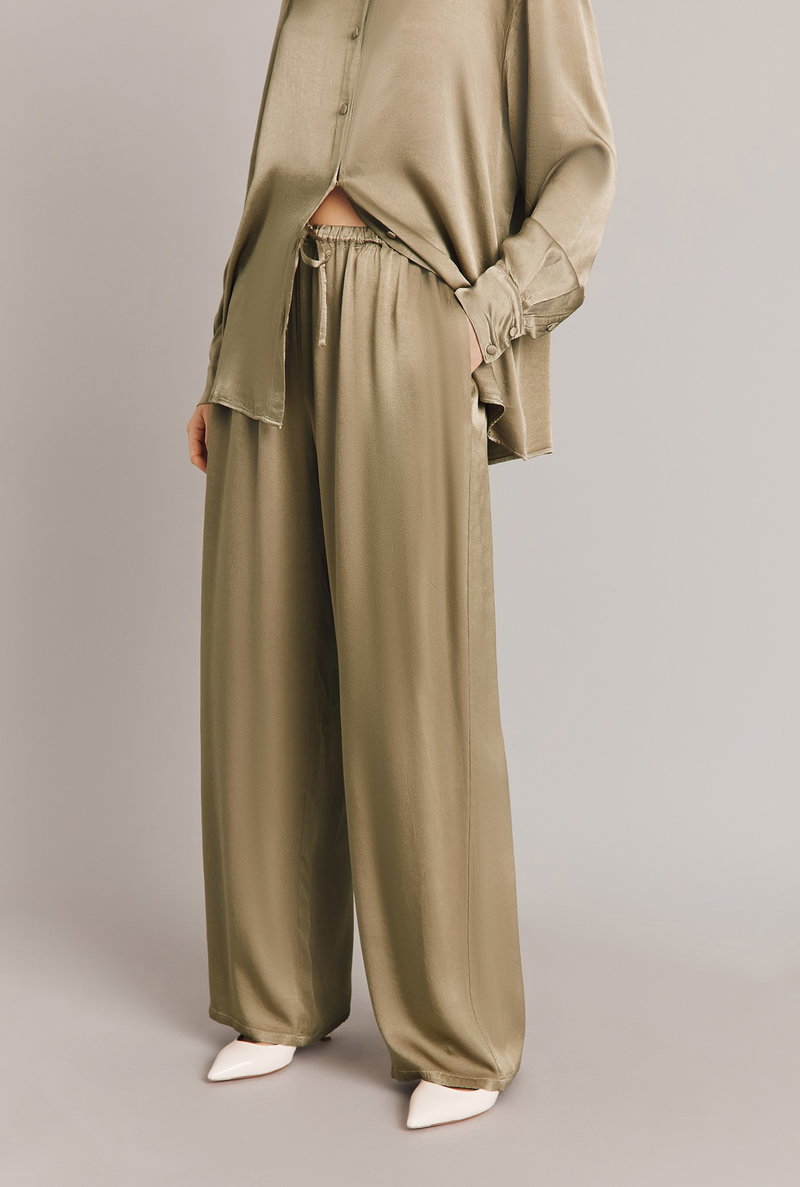Olive green satin wide-leg pants and top set.