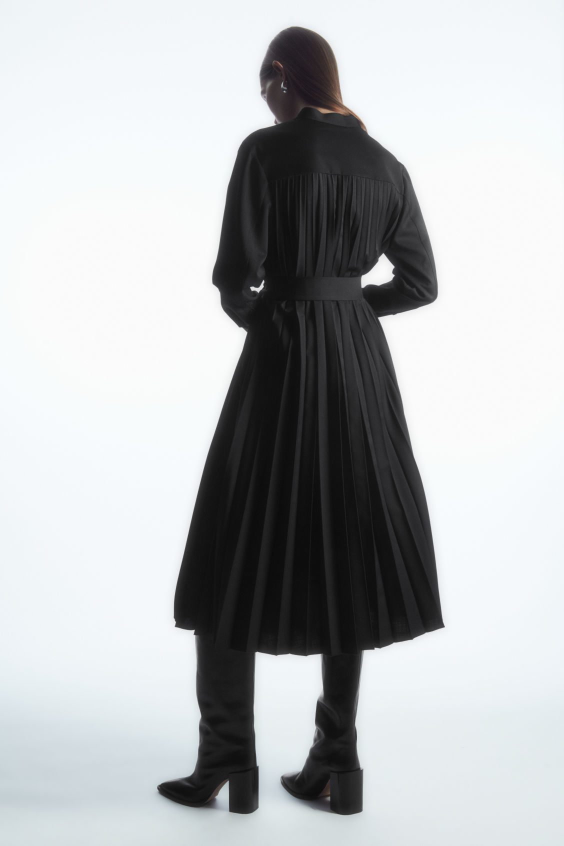 pleated combo dress in stretch wool-blend Stretch Wool-Blend Pleated Combo Dress