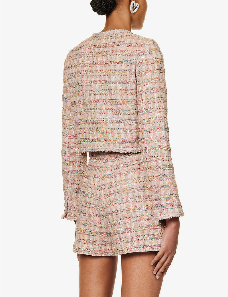 SELF-PORTRAIT Sequin-Embellished Bouclé Woven Jacket in PINK