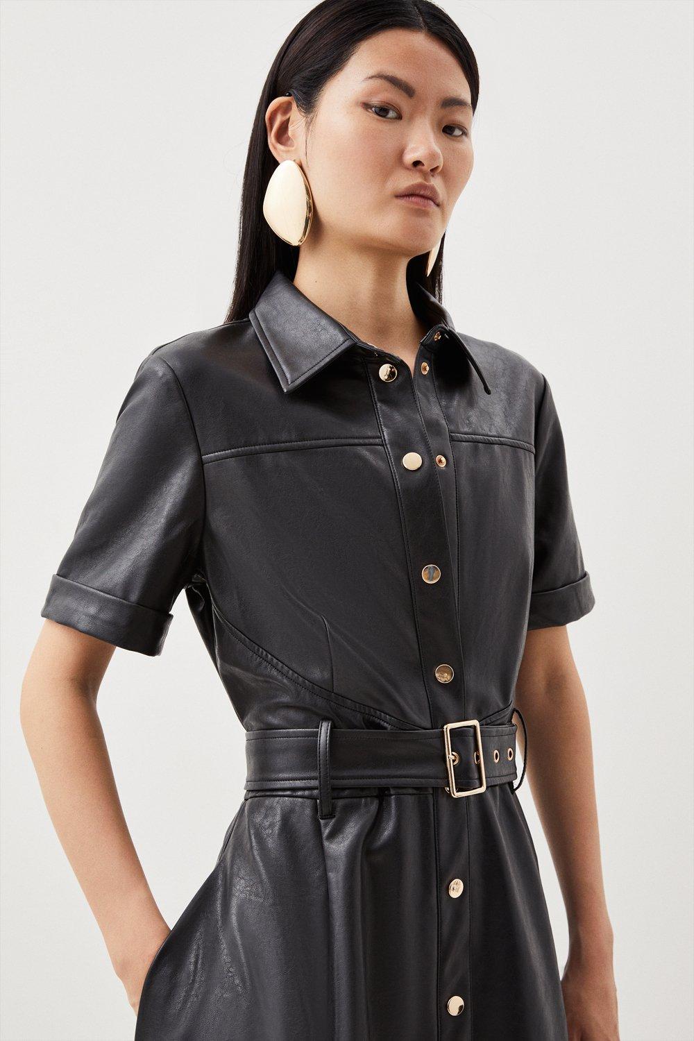 slim fit dress slacks Faux Leather Contrast Poplin Long Shirt Dress S / Taupe/Black