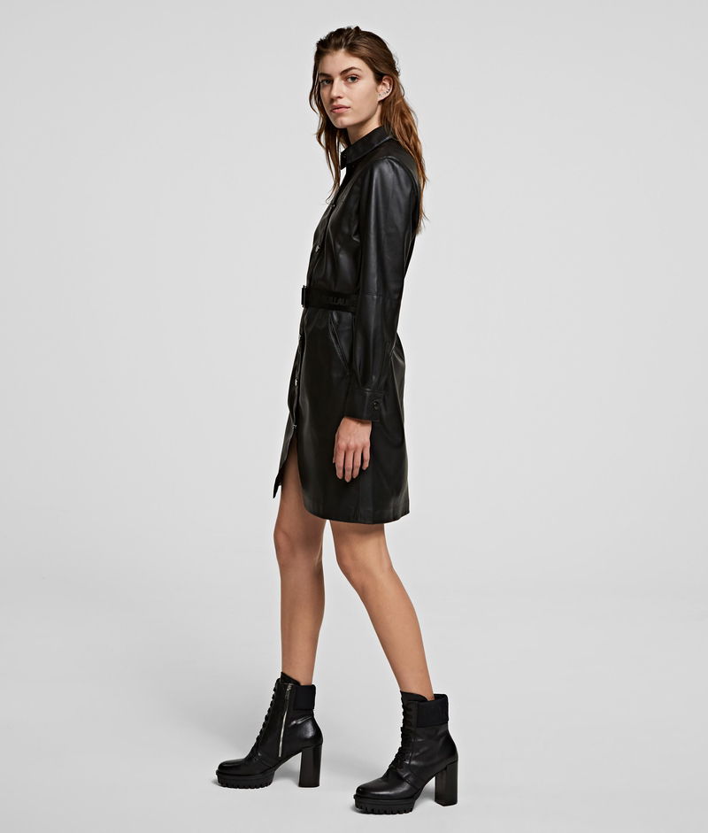 KARL LAGERFELD Faux Leather Long Sleeved Shirt Dress | endource