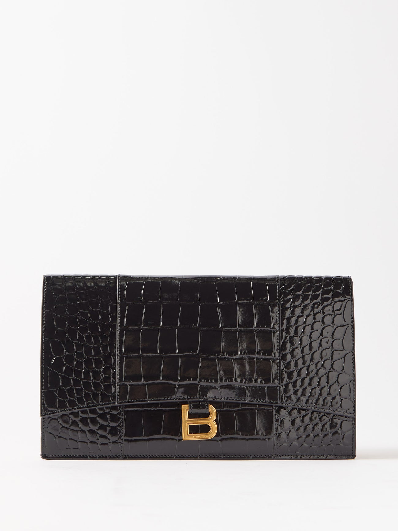 BALENCIAGA Hourglass Crocodile-Effect Leather Clutch Bag in Black ...