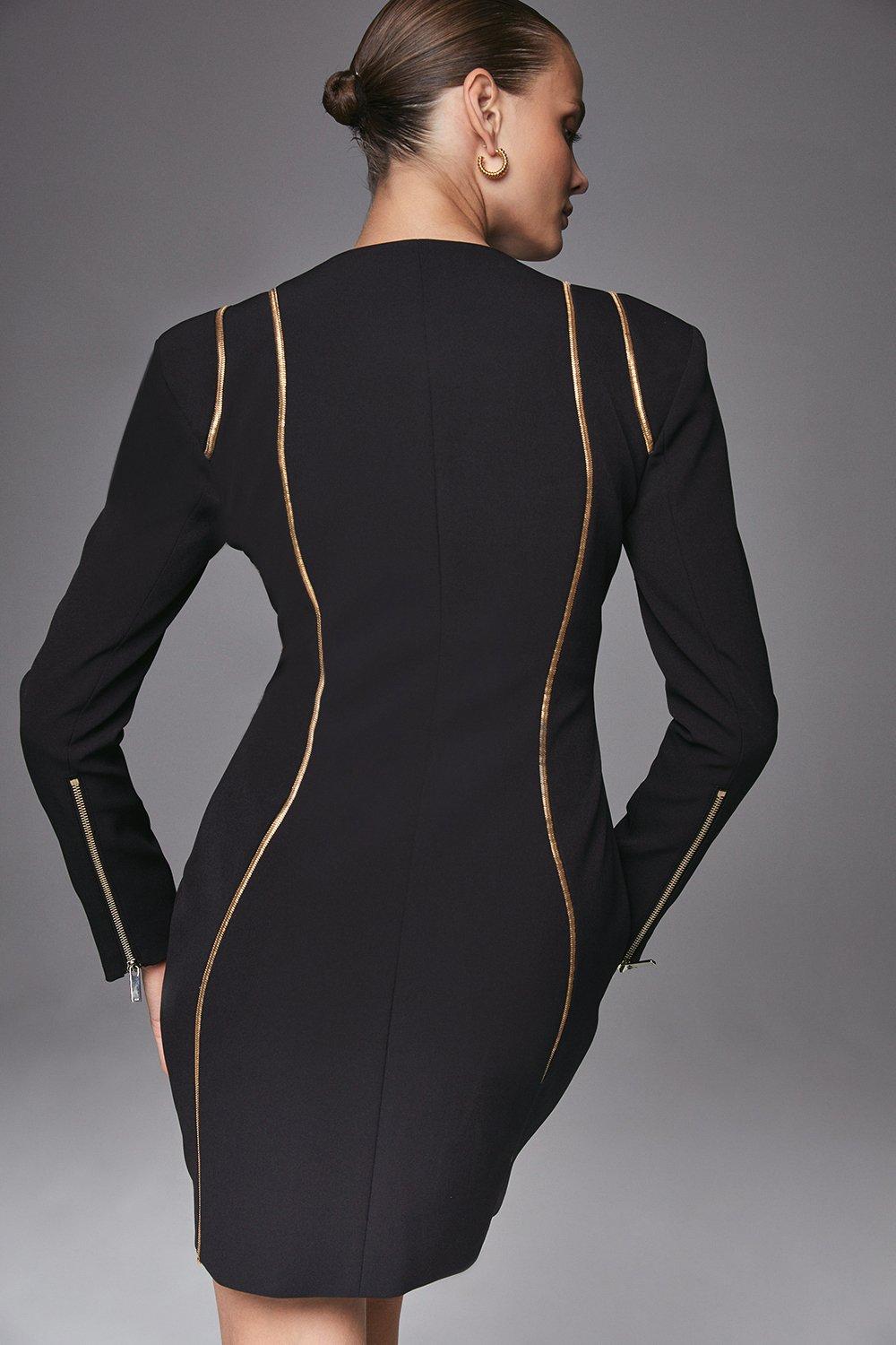 black dress gold zipper front 60% off KAREN MILLEN Trim Zip Mini HIGH-WAISTED
