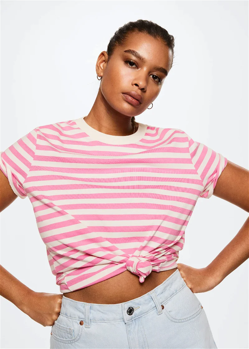 Ambiance Apparel Womens Sz L Crop Top Pink/White NWOT Striped S/S T-Shirt  Casual
