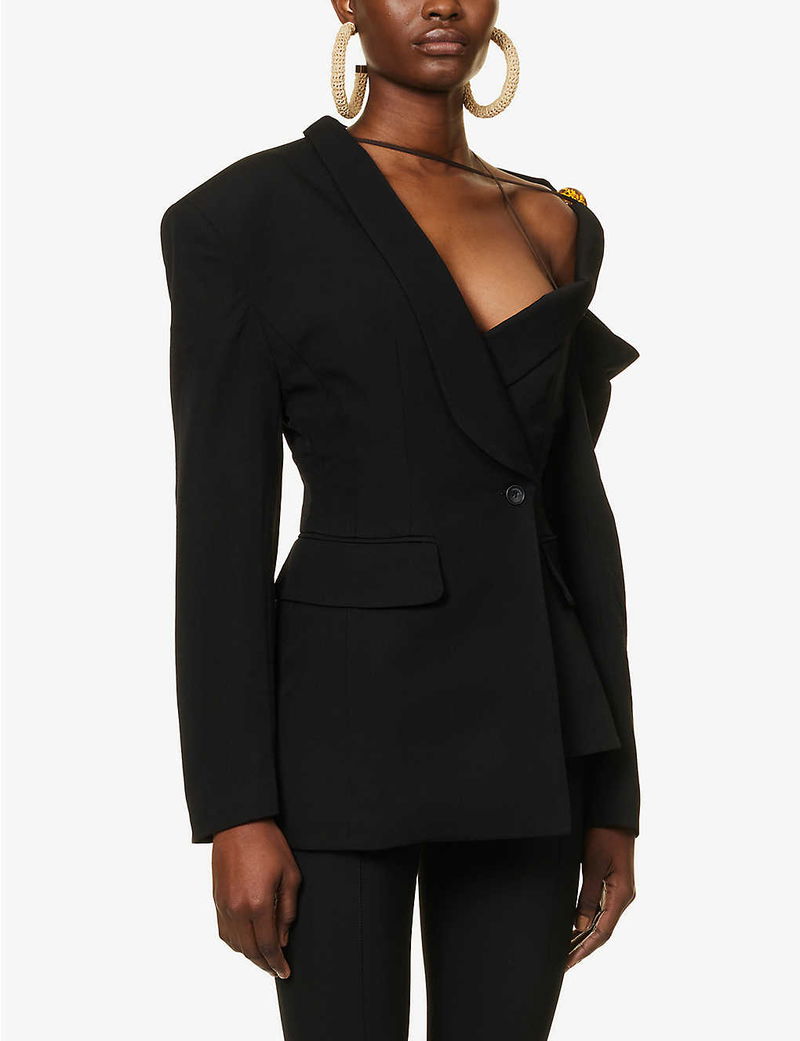 JACQUEMUS La Veste Baska Asymmetric-Neckline Wool Blazer in BLACK 