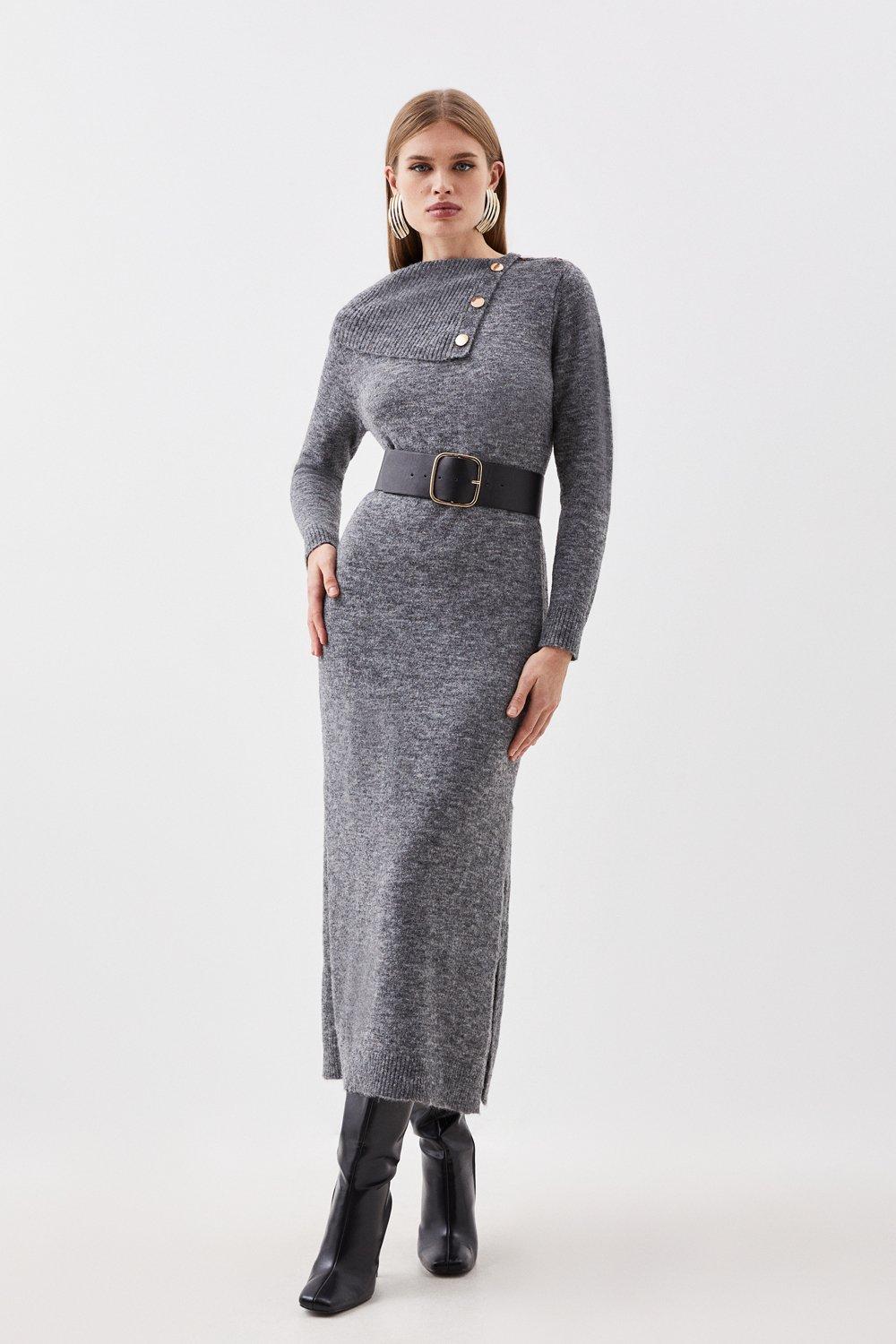 karen millen grey knit dress 20% off Wool Blend Cosy Envelope Belted Maxi Ebay