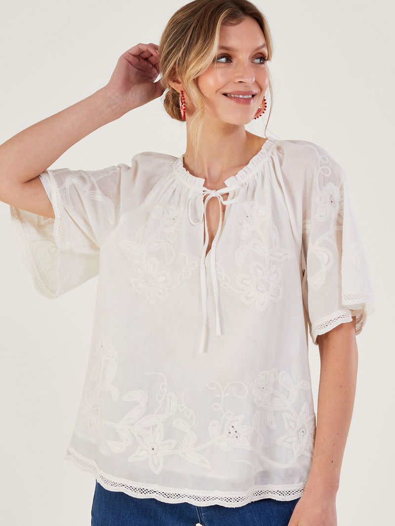 Monsoon Embroidered Short Sleeve Top in White