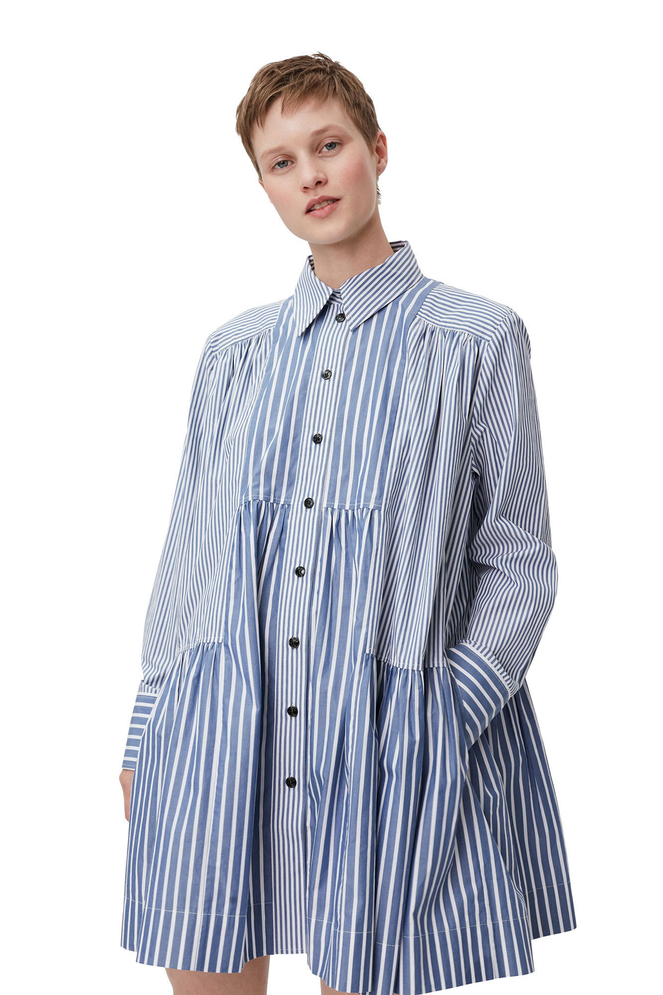 knee length dresses for ladies Stripe Big Collar Mini Shirt Dress main image 1