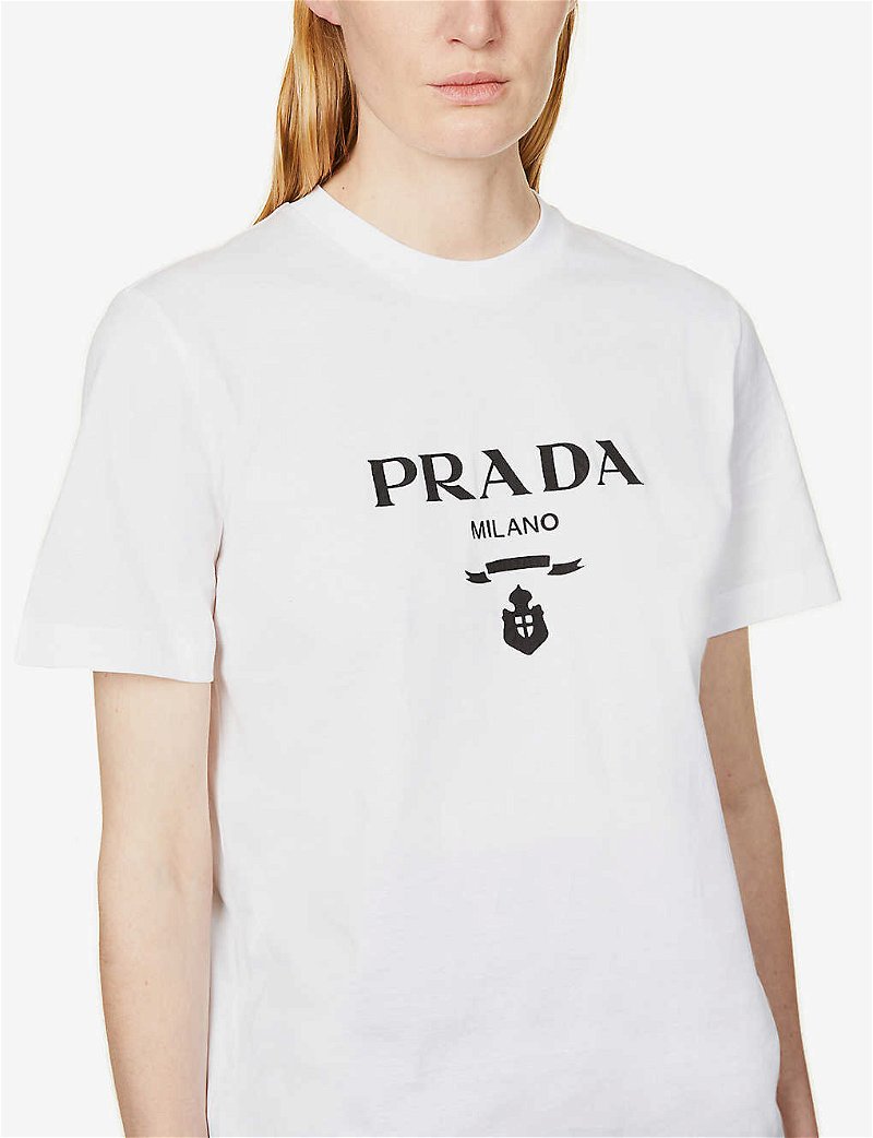 PRADA Logo-Print Round-Neck Cotton-Jersey T-Shirt in BIANCO