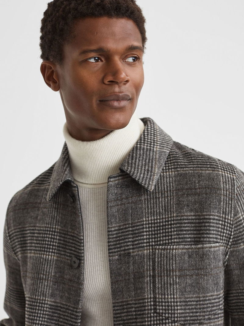 REISS Covert Wool Blend Check Overshirt in Charcoal | Endource