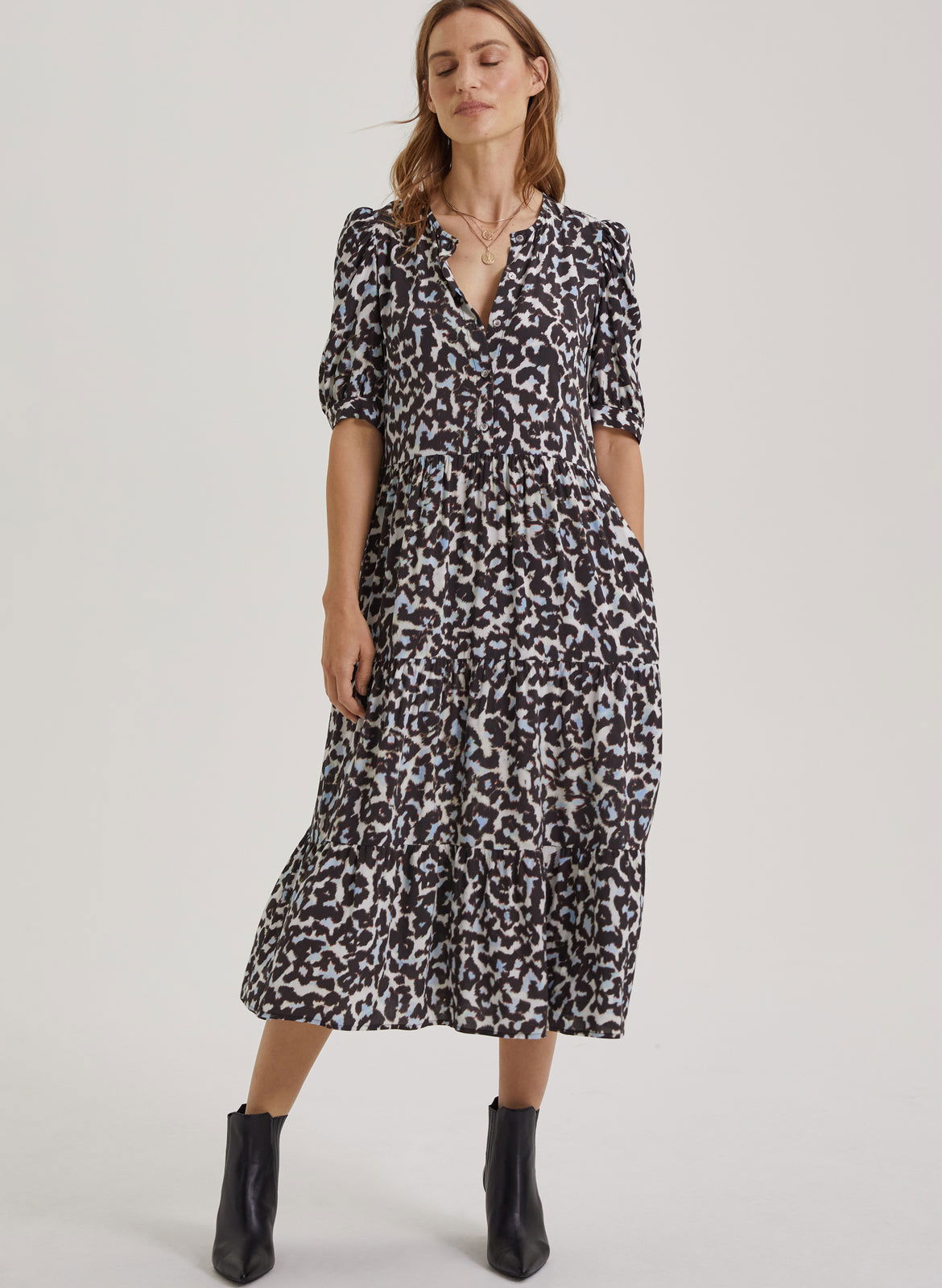 BAUKJEN Olivia Dress in Soft White Snow Leopard Print | Endource