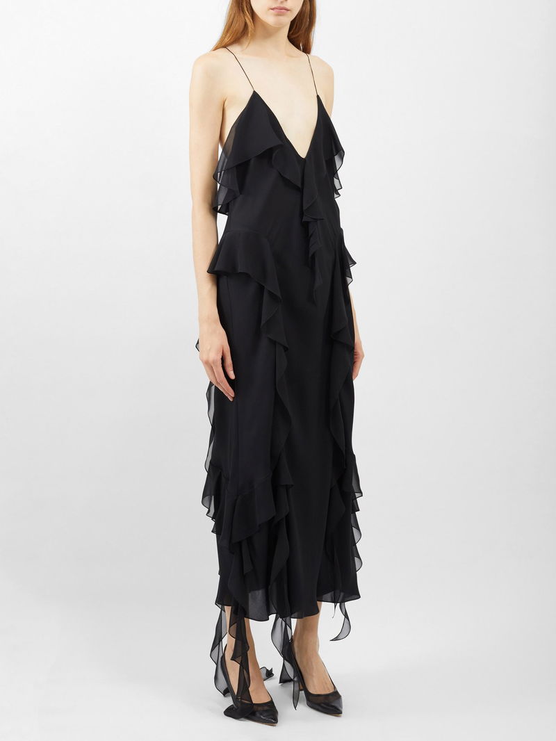 KHAITE Pim Ruffled Silk-Georgette Dress in Black | Endource