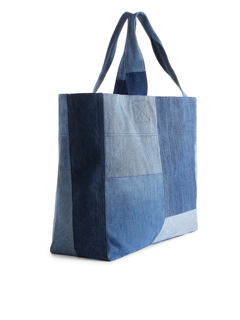 ARKET Patchwork Denim Oversized Tote Bag in Blue | Endource