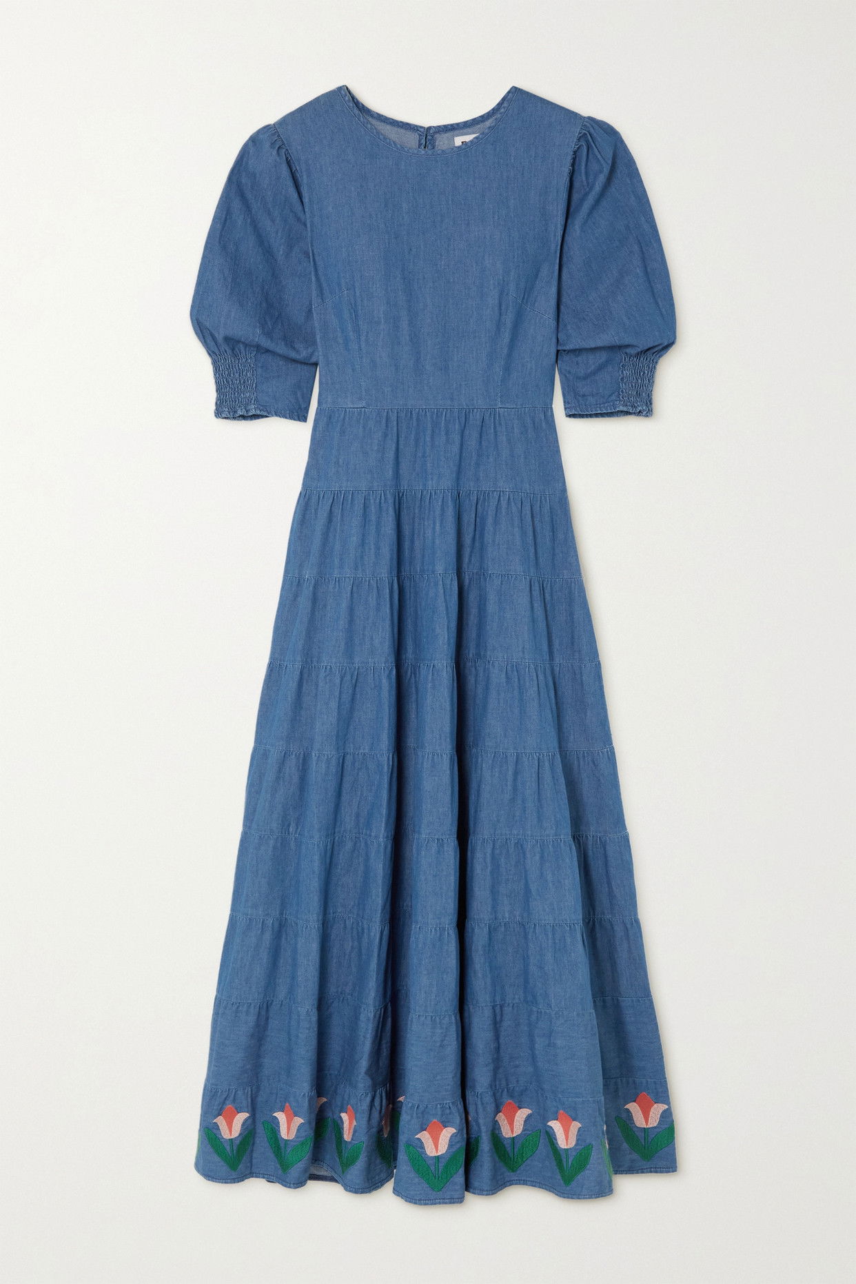 RIXO Kristen Tiered Embroidered Denim Maxi Dress | endource