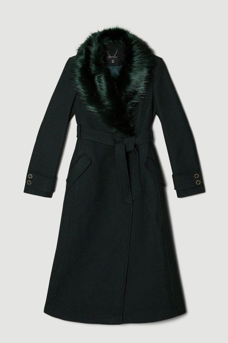 KAREN MILLEN Italian Wool Blend Belted Faux Fur Collar Coat