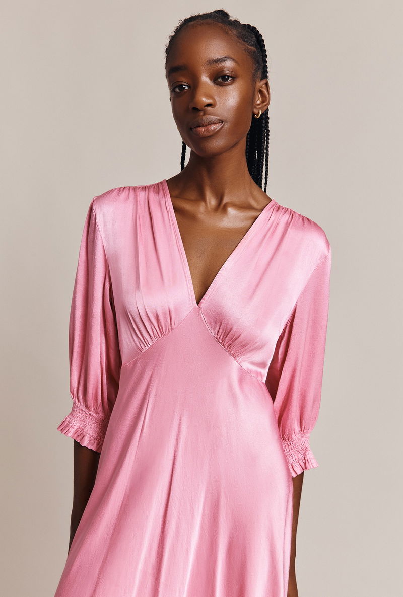 pink satin midi dress with sleeves Mauve Square Neck Puff Sleeve Satin Midi Dress