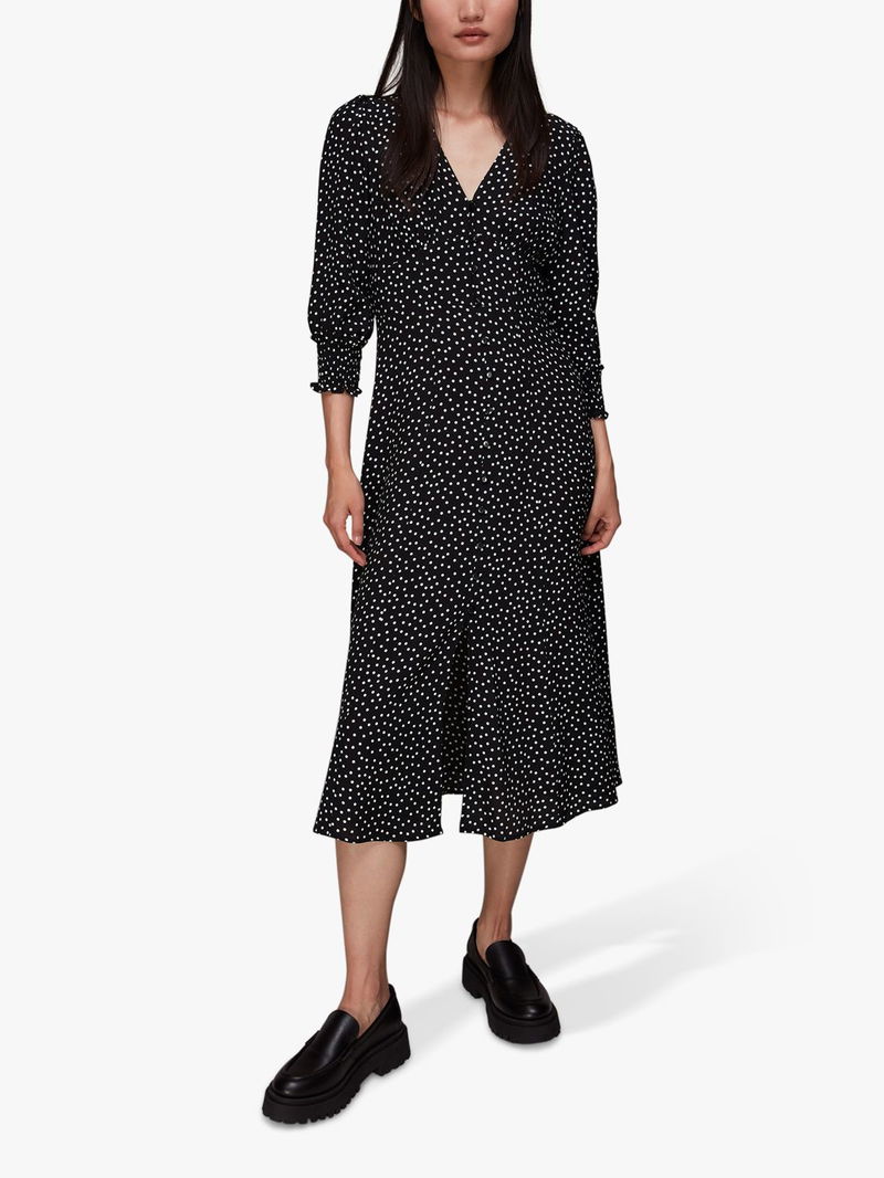 WHISTLES Ellie Spot Print Midi Dress in Black/White Endource