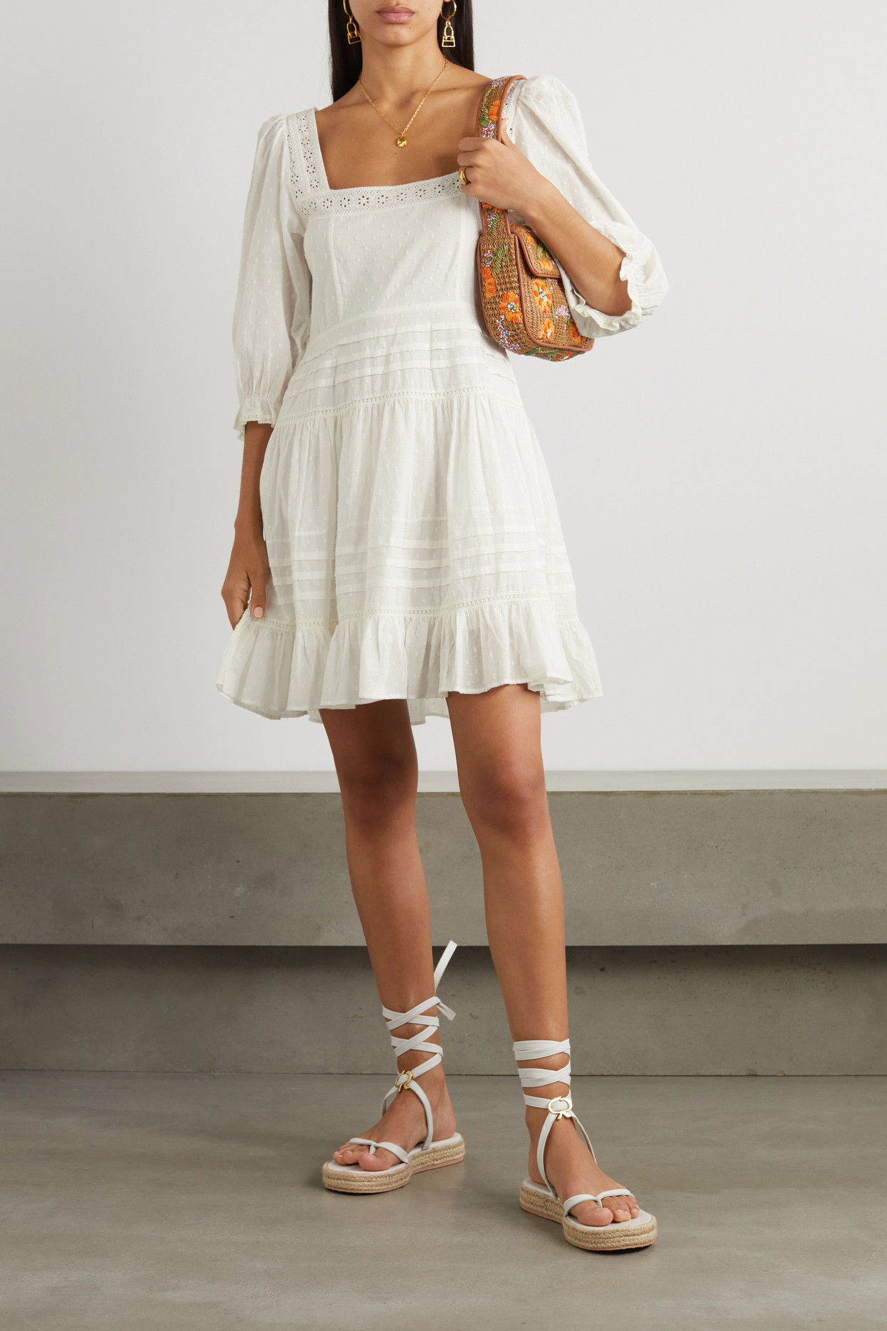 RIXO Solana Crochet-Trimmed Swiss-Dot Cotton Mini Dress | endource