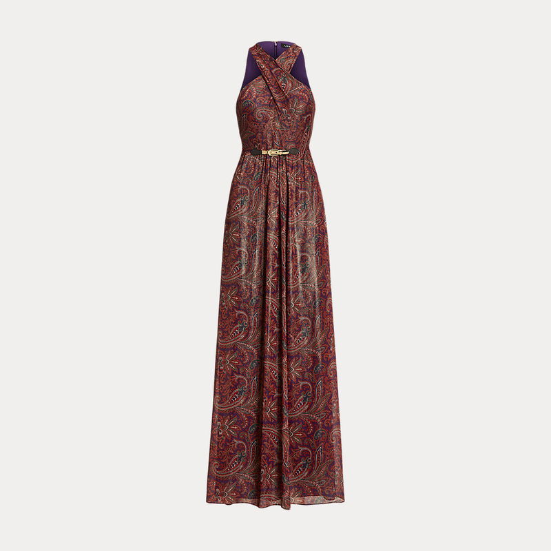 LAUREN RALPH LAUREN Paisley Metallic Chiffon Halter Gown | endource