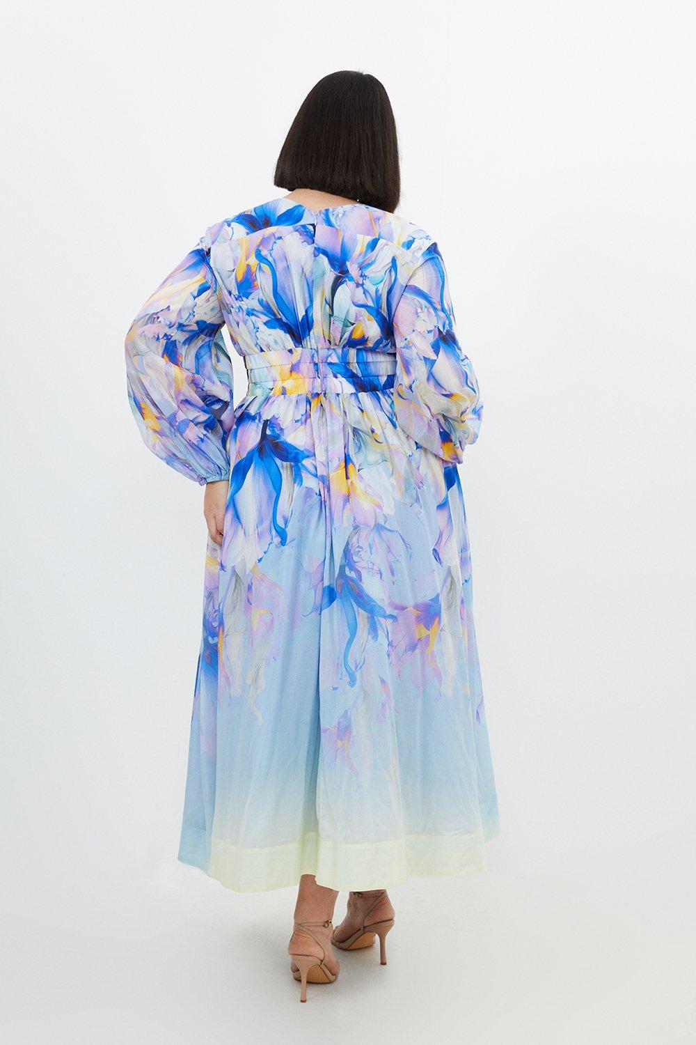 KAREN MILLEN Plus Size Ombre Floral Silk Cotton Plunge Maxi Dress | endource
