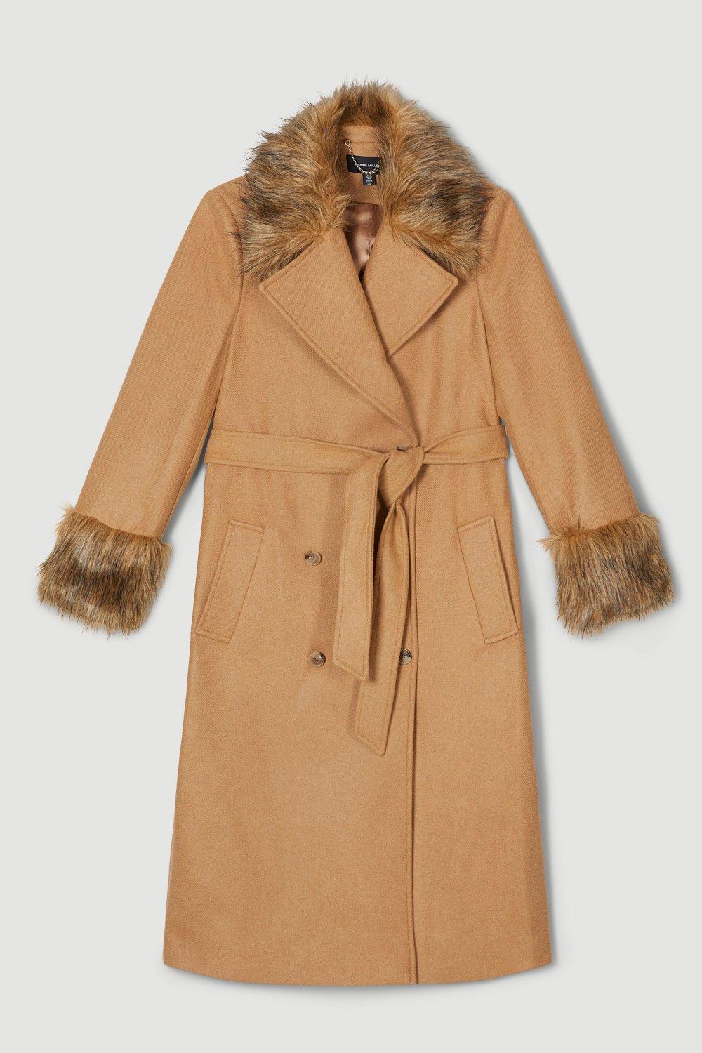 Olsen Wool Wrap Coat in with Faux Fur Collar in Cream