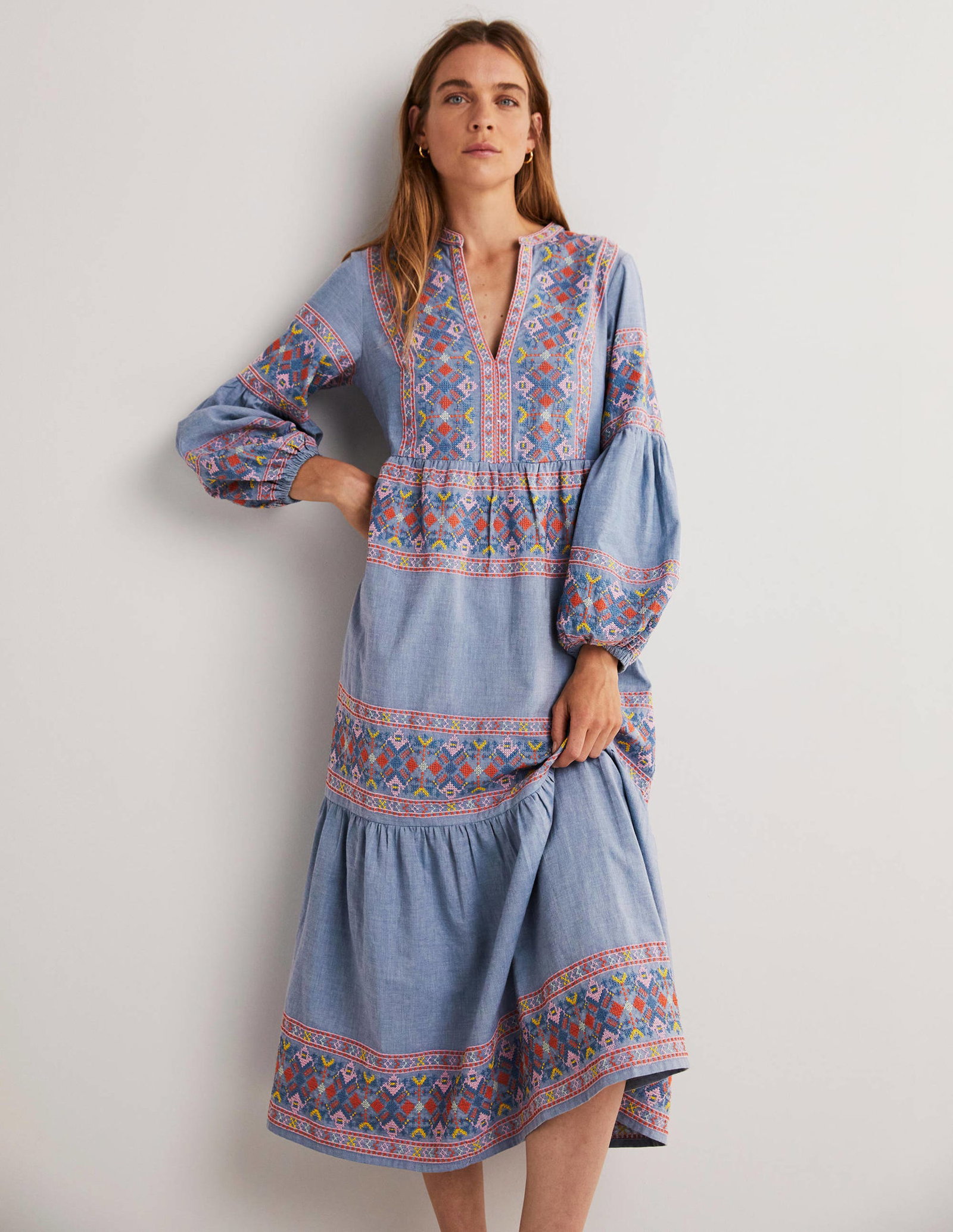 boden embroidered tiered midi dress Anna Linen Tiered Midi Dress-White, Multi Embroidery main image 1