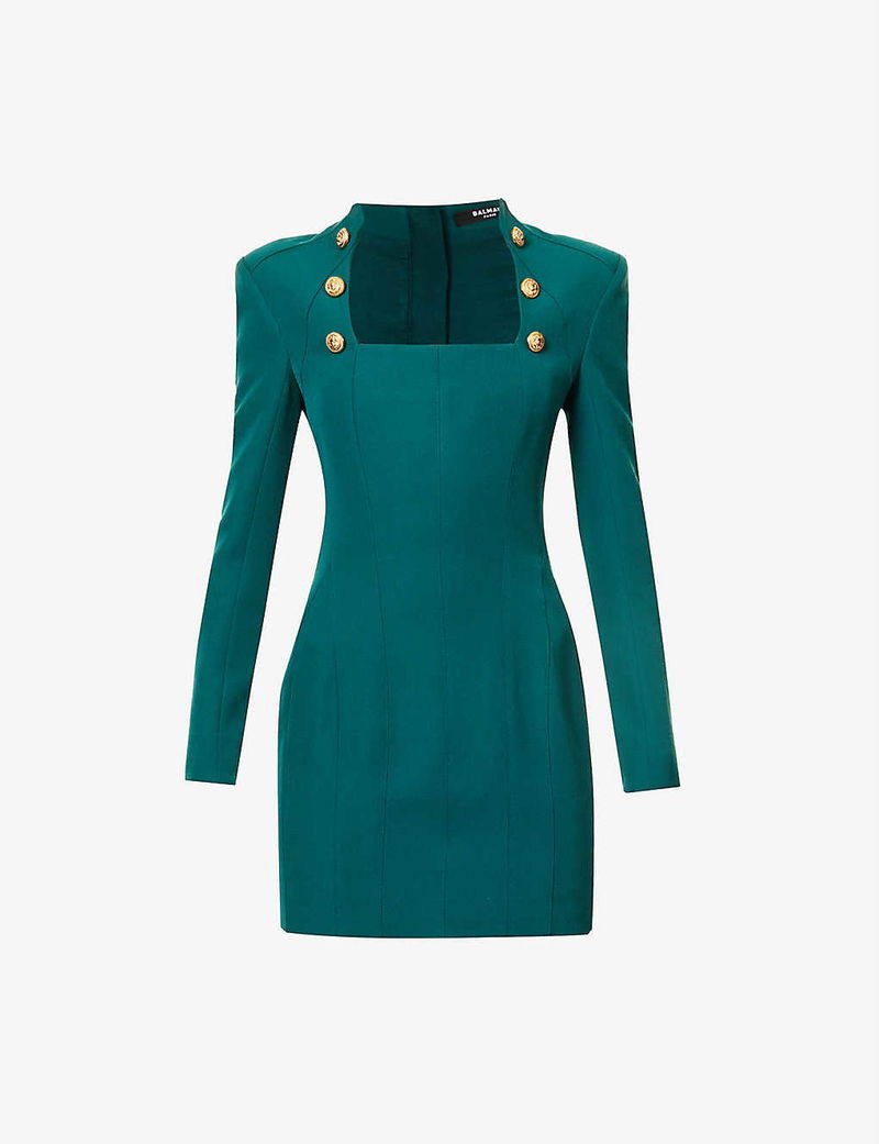 BALMAIN Button-Embellished Square-Neck Wool Mini Dress | endource