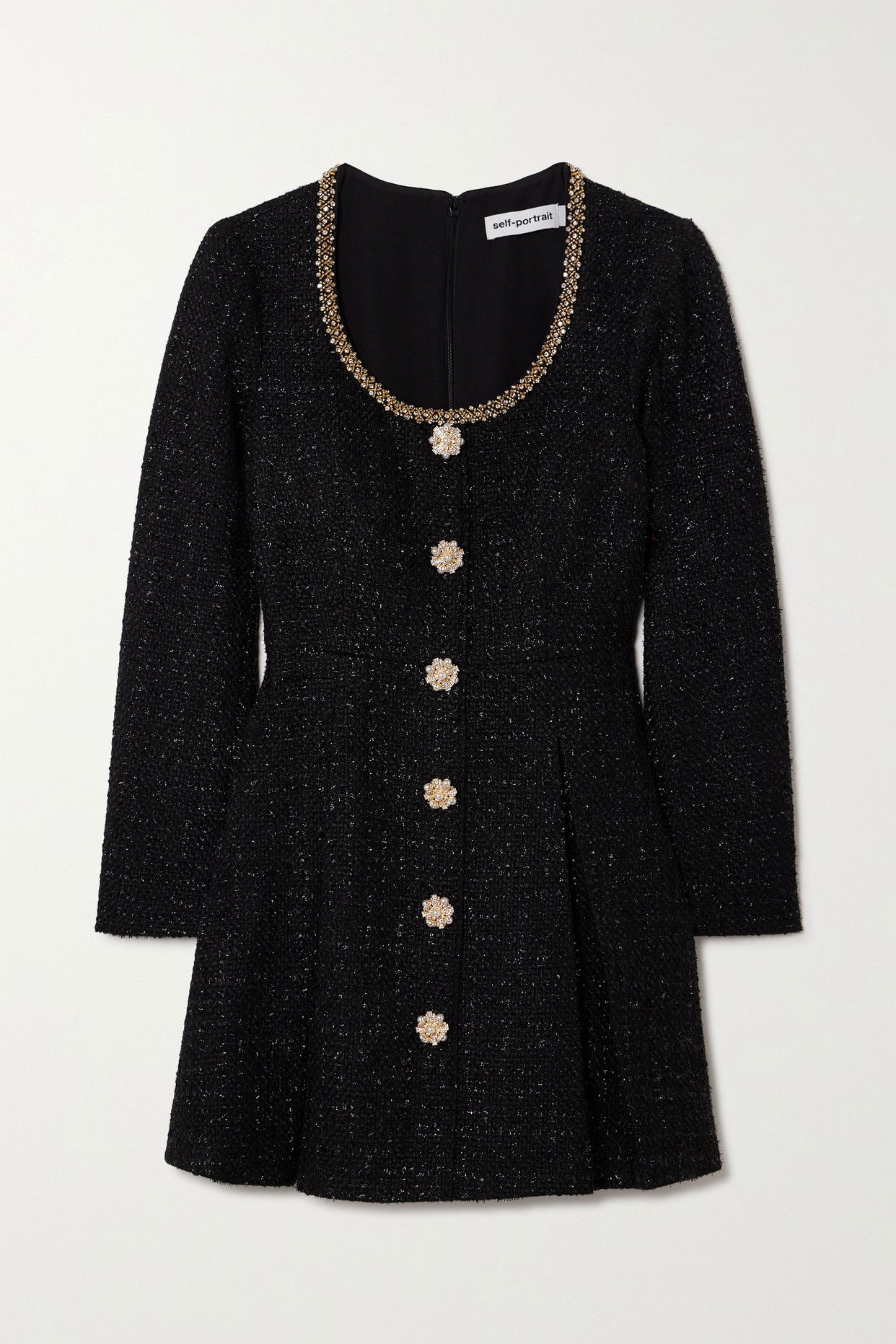 SELF-PORTRAIT Embellished Pleated Metallic Boucl-Tweed Mini Dress |  endource