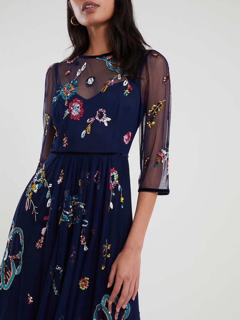 green emerald velvet dress MONSOON NAVY BLUE EMBROIDERED FLORAL PRINT 3/4 SLEEVE DRESS SIZE 16   Whispers Dress Agency