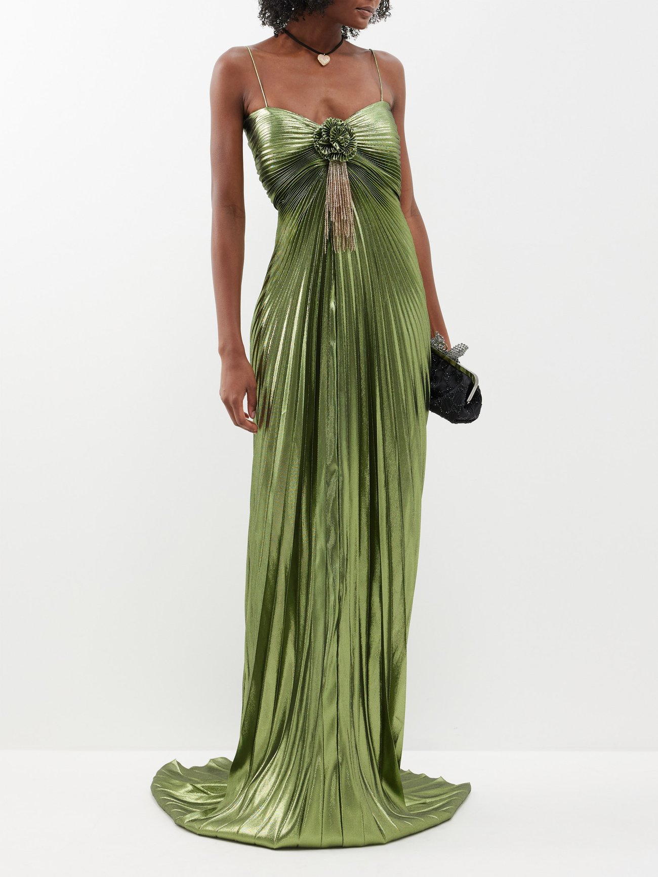 GUCCI Floral-Appliqu Pleated Silk-Blend Lam Gown | endource