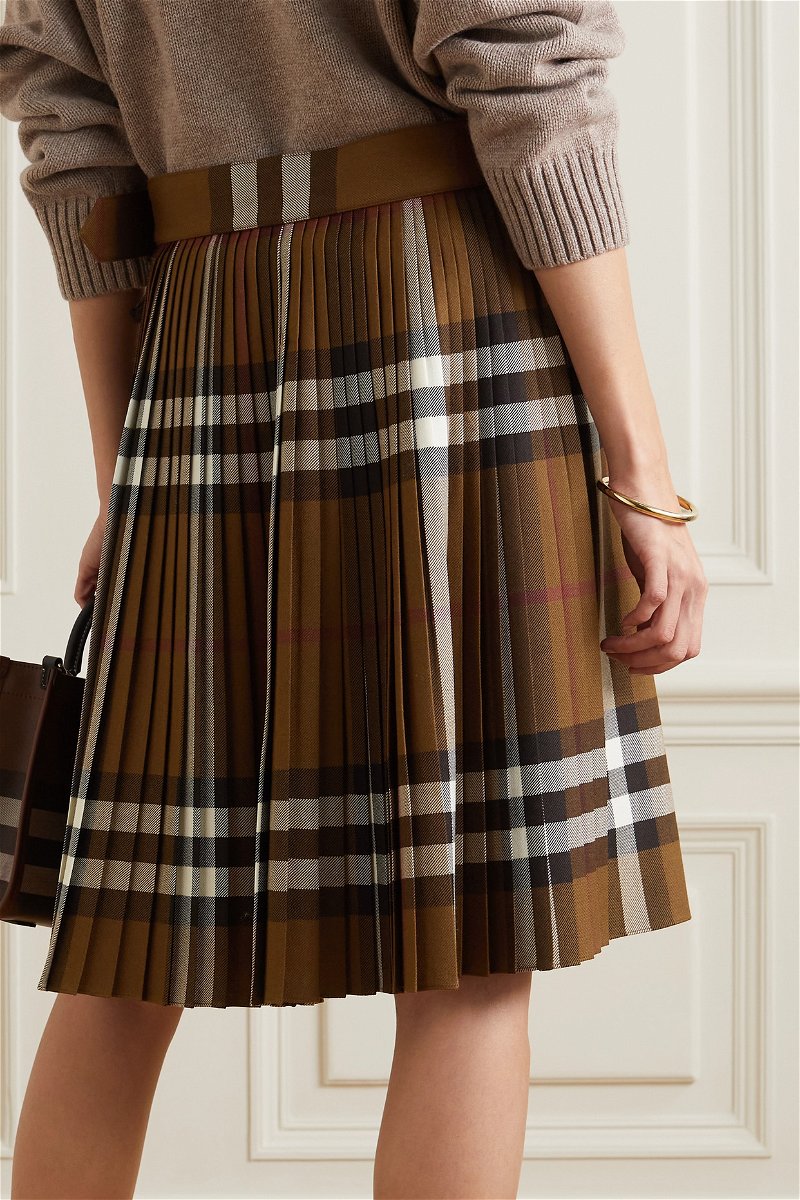 BURBERRY Belted Frayed Checked Wool Skirt in Brown