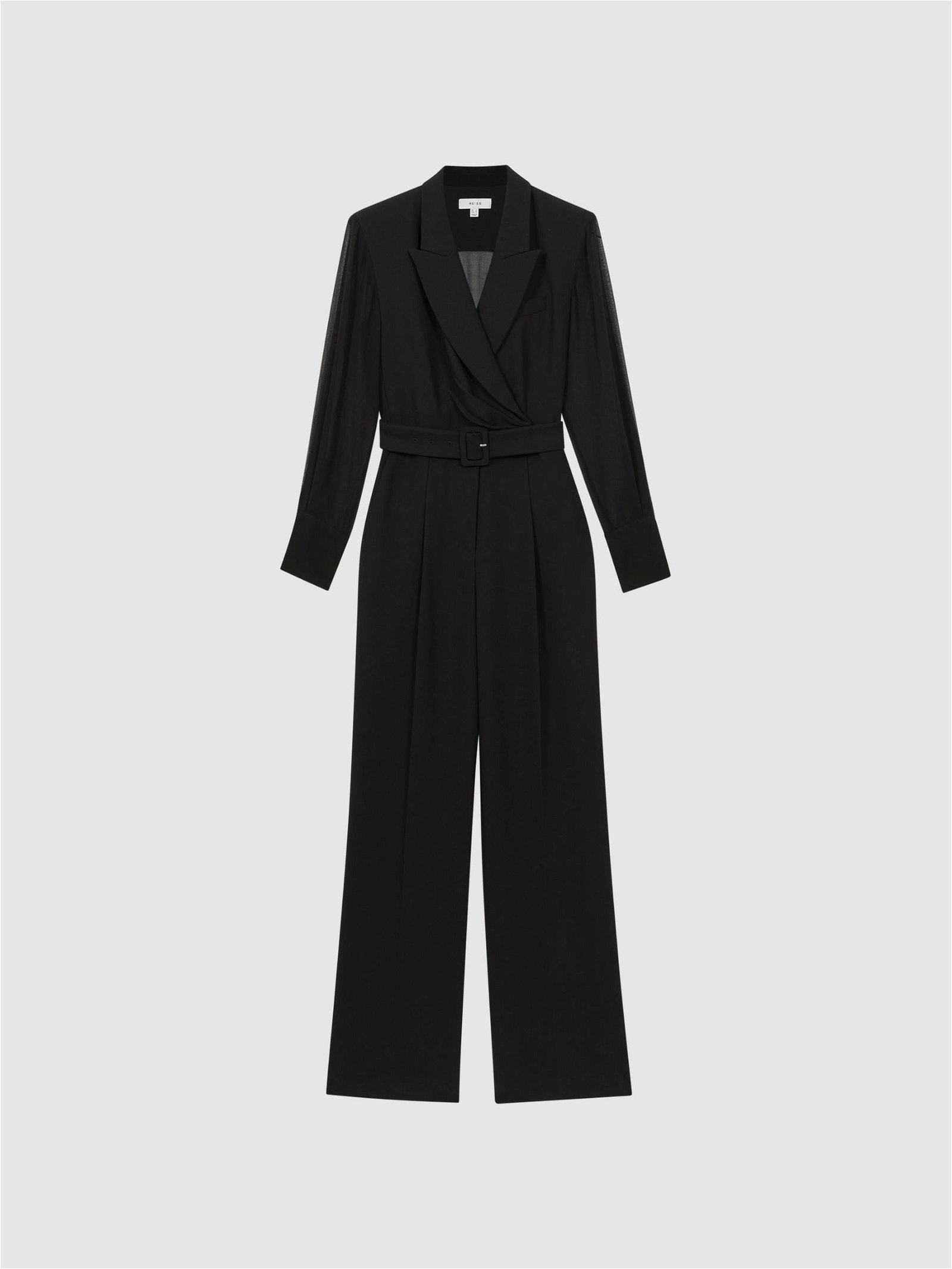 REISS Flora Sheer Belted Double Breasted Jumpsuit in Black | Endource