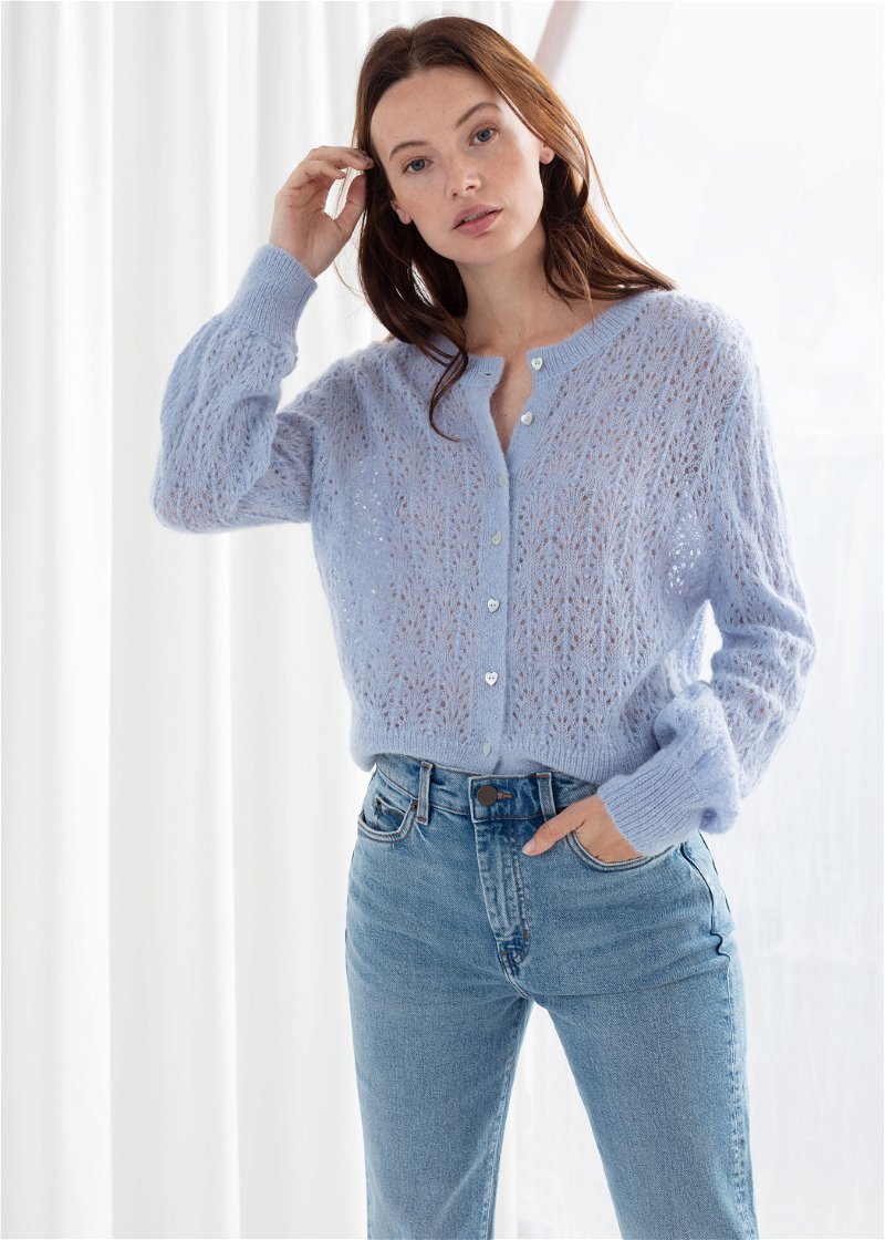 & OTHER STORIES Puff Sleeved Eyelet Knit Cardigan | Endource
