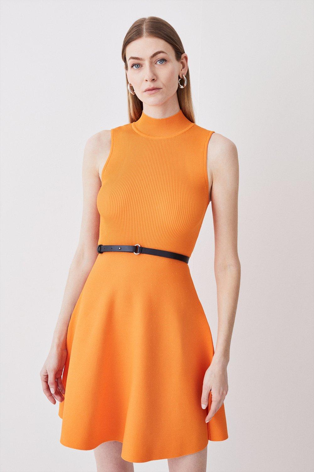 Karen Millen Sleeveless Rib Knitted Skater Mini Dress In Orange Endource