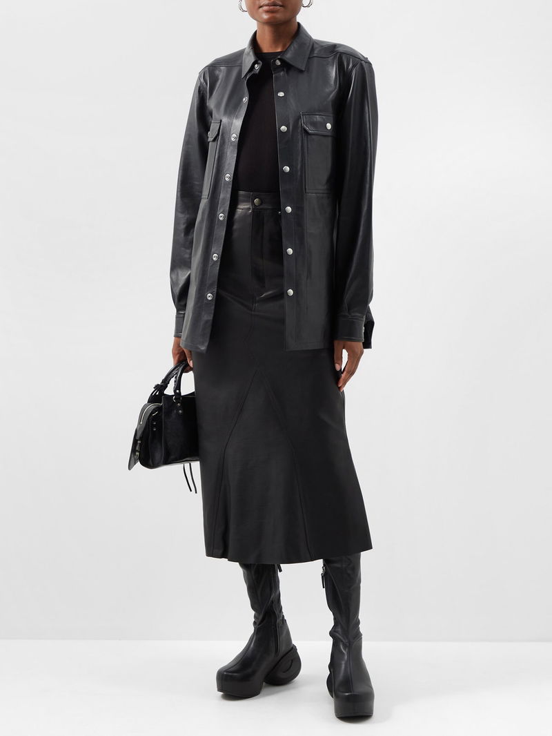 RICK OWENS High-Rise Leather Godet Skirt | endource