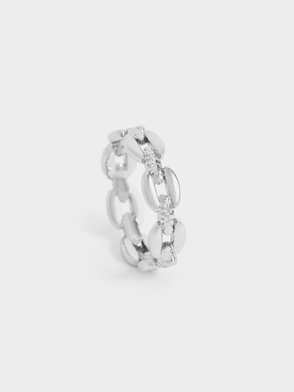 Silver chain ring with iridescent beads.