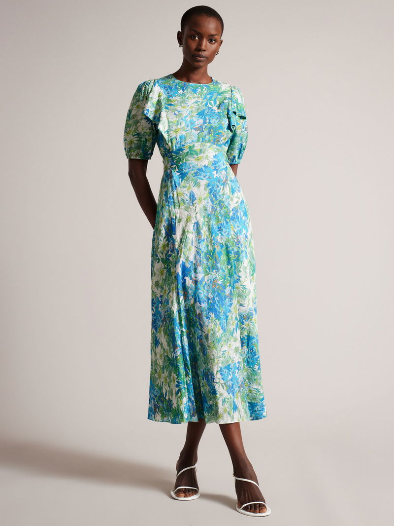 ted baker puff sleeve midi dress TED BAKER Nicciey Puff Sleeve Ruffle Midi Dress