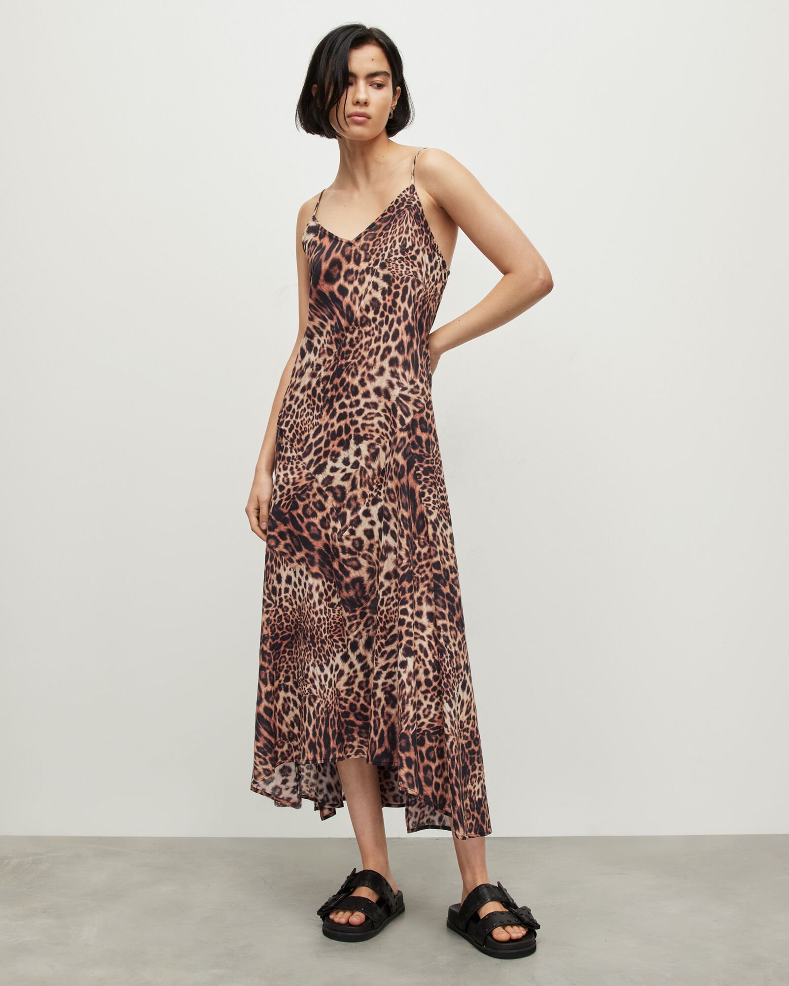 ALLSAINTS Ella Evita Leopard Lace Dress in Animal Brown