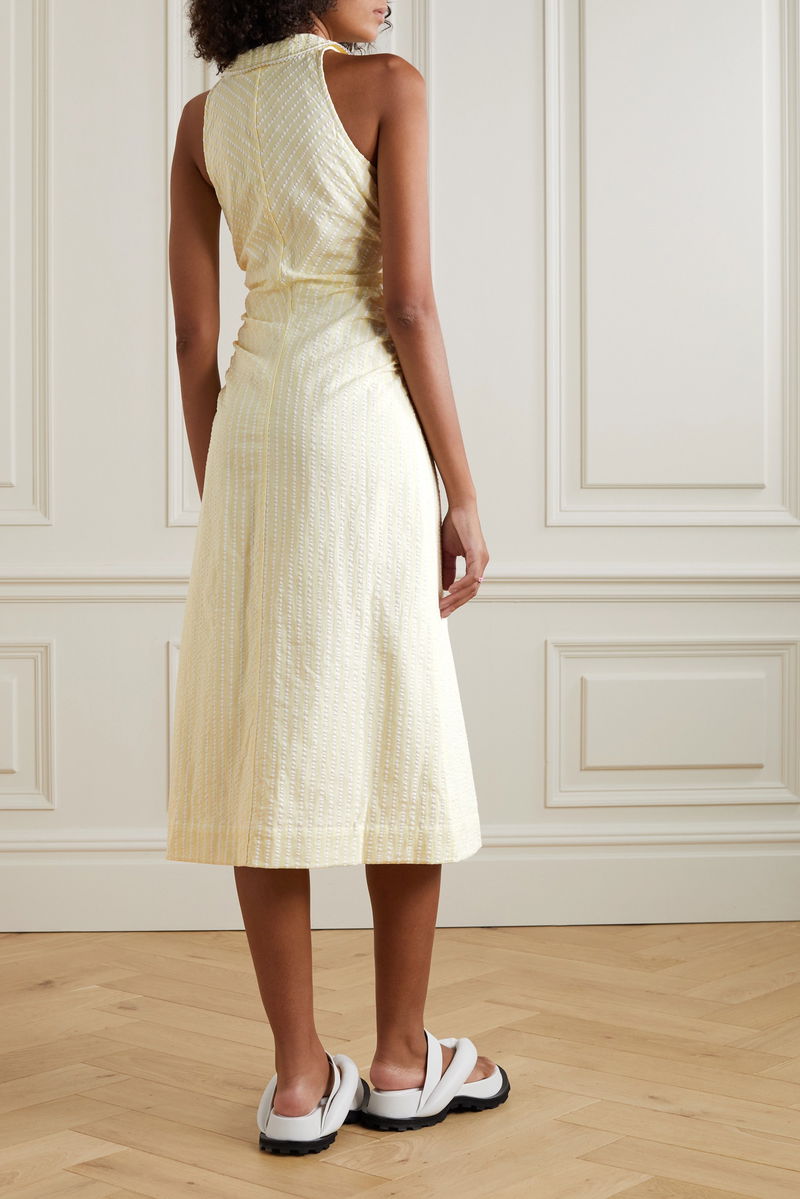 GANNI Striped Organic Cotton-Seersucker Midi Dress | endource